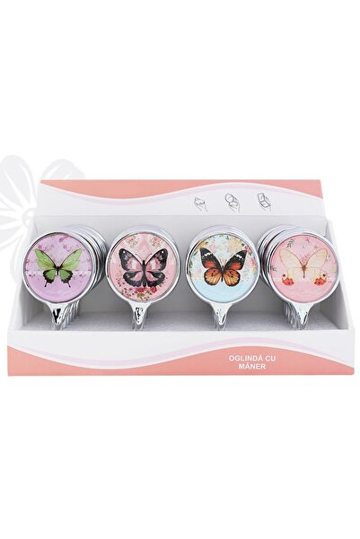 idei Oglindă cosmetică cu mâner, ramă argintie, imprimeu fluturi, 14,5 cm