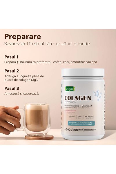 Qualuca Colagen cu Acid Hialuronic si Vitamina C, cu aroma de Zmeura | Set de 2 | 600 gr | 200 portii