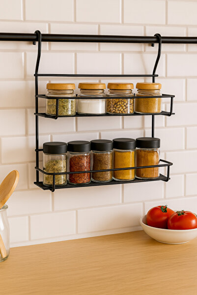 boz concept home Duvara Asılabilen Siyah Metal Baharatlık Raf Mutfak Organizer Düzenleyici Sepet(BORU YOKTUR )