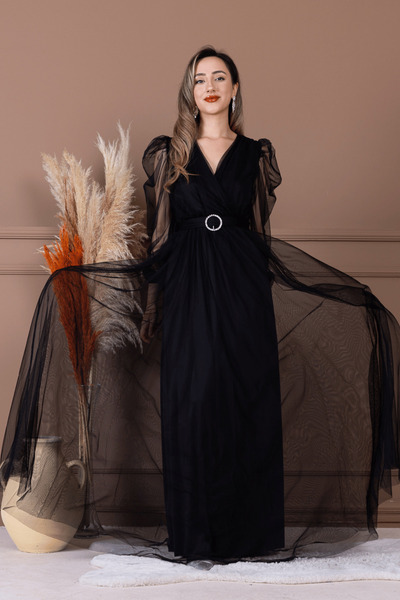 BEYBOS Tül Kumaş Kruvaze Yaka Maxi Elbise - SİYAH