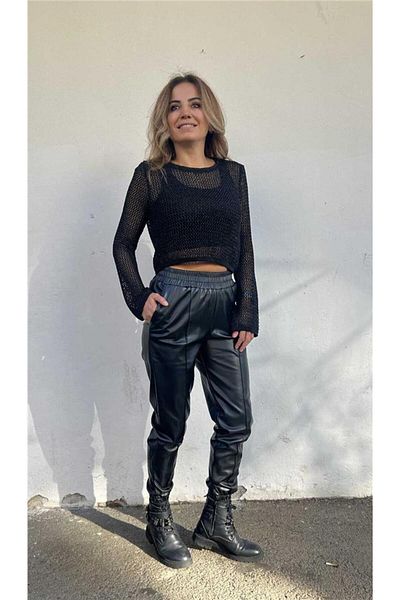 Qu Style Black Leather Trousers with Elastic Waistband