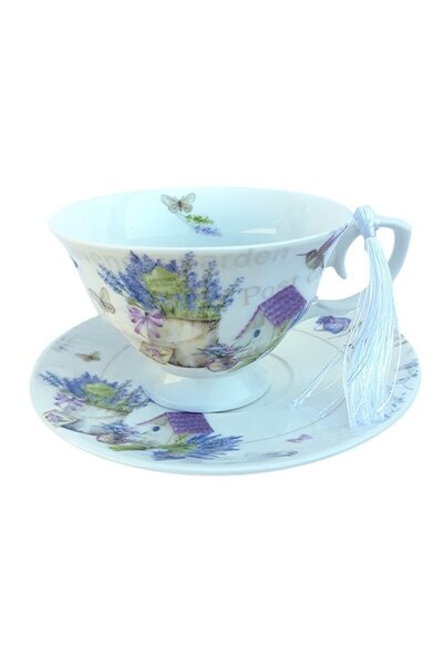 OEM Ceramic Cup and Saucer with Lavender and Ribbon, 100 ml