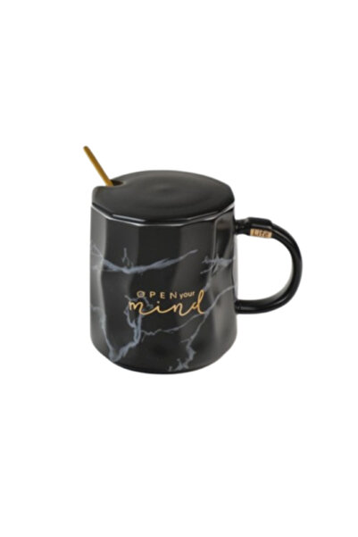 OEM Cana cu capac si lingurita, ceramica, 200 ml, negru