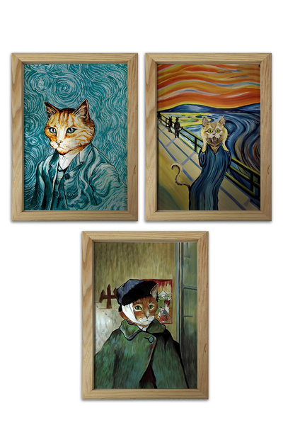 AND Ahşap Çerçeveli Kedi Temalı Tablo Üçlü MDF Poster Tablo Duvar Dekoru (21x...