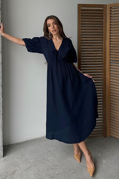 Olcay Rochie din muselina cu jumatate de maneca cu talie elastica cu detaliu de siret ALBASTRU ÎNCHIS 9331-E