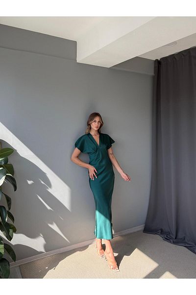 AlisaSu Women's Emerald Green V-Neck Satin Midi Dress