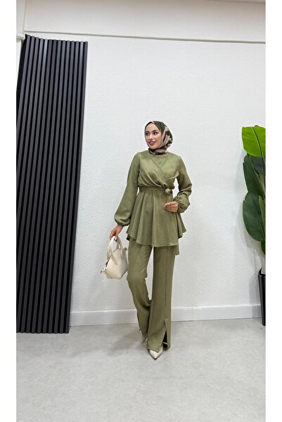 BRN IŞIK TESETTÜR Maria Keten Kruvazeli Tunik Pantolon