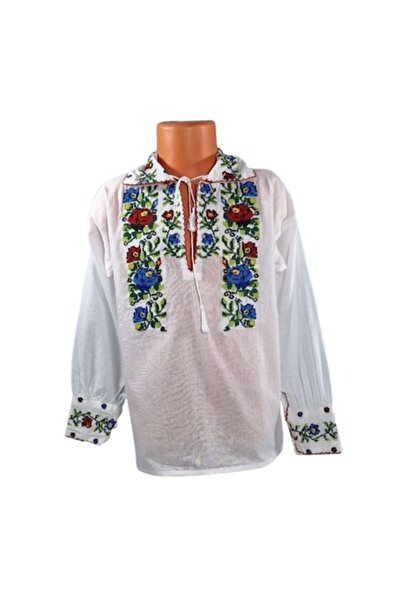 OEM National Cotton Shirt for Boys - White with Multicolor Floral Embroidery, Age 8