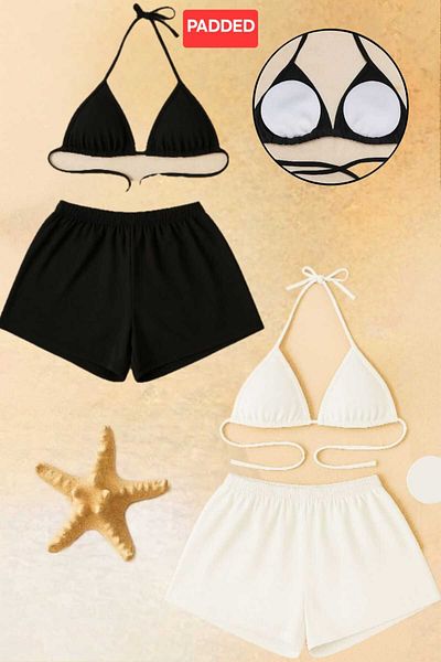 Stail Moda Pantaloni scurți de bikini triunghi pentru femei, alb-negru, cu șalter lateral și gât, îmbrăcăminte de noapte, echipa de mare