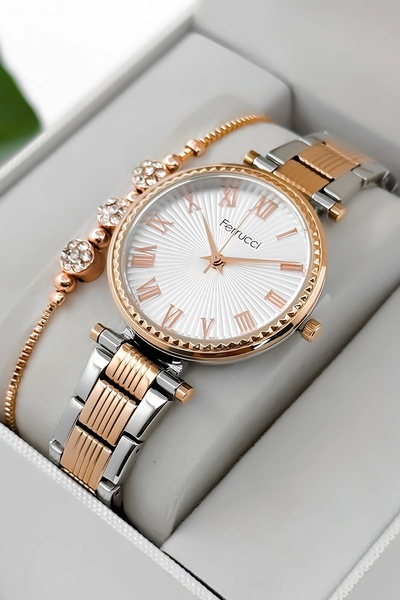 Ferrucci Çelik Kordon Çelik Kasa Kadın Kol Saati, 3 ATM Su Geçirmez Rose-Gümüş zmfer196