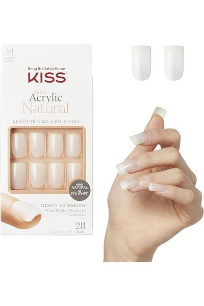 Kiss Natural Acrylic Nail Set by Euphoria with 28 Nails, Pink Gel Glue, Nail File, and Manicure Stick