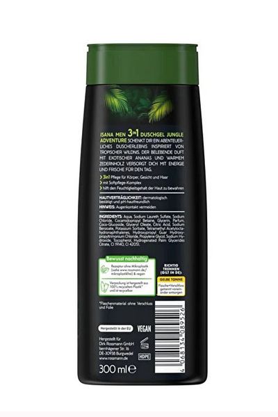 ISANA MEN Tropical Exotic Pineapple Cedarwood Shower Gel 3 in 1 Jungle Adventure 300 ml