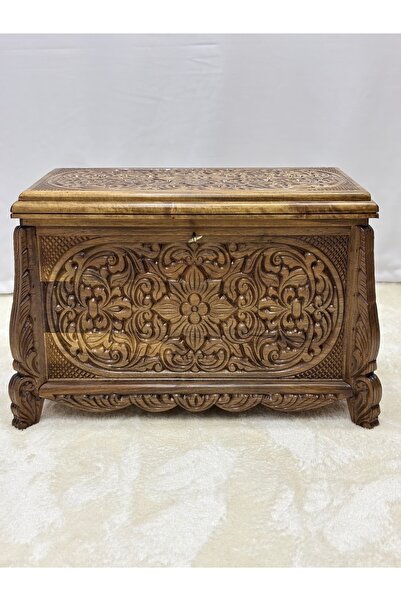Arıkmert El Sanatları Maraş El Oyma Ceviz Ahşap Çeyiz Sandığı – 68x40x48 cm-Ahşap Sandık-| Meriç Natural Model