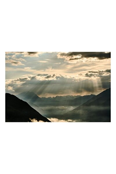 OEM Tablou Canvas, "Raze de lumina peste munti", Raze, Nori, Munti, Peisaj, Lumina, Cer, Siluete, Ceata