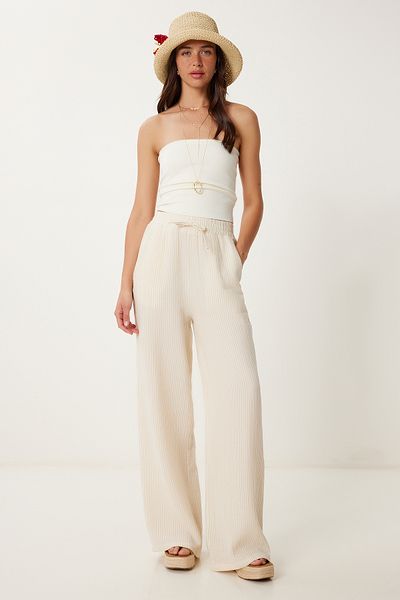 Lovelyİstanbul Striped Muslin Palazzo Trousers Lsa0010 Biscuit