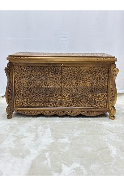 Arıkmert El Sanatları Maraş El Oyma Ceviz Ahşap Çeyiz Sandığı – 95x50x60 cm B...