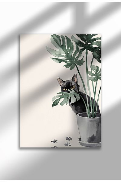 21mxm Poster de artă cu pisică amuzantă, pictură digitală, decor de perete cu pisică neagră drăguță, ilustrație minimalistă cu pisică