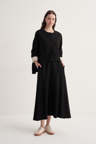 EBU Prive Kadın Dikişli Volanlı Etek Siyah