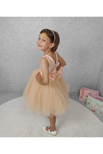 NSMLİFE Girl's Evening Dress Island, Salmon Collar Pearl, Tutu Dress