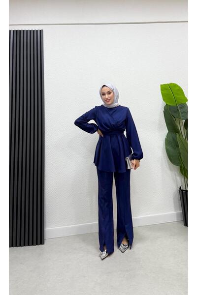 BRN IŞIK TESETTÜR Maria Keten Kruvazeli Tunik Pantolon