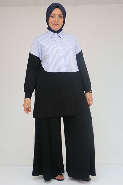 Eslina 57016 Plus Size Men's Collar Combination Trousers Suit - Black-Blue