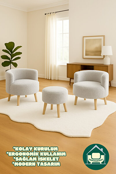 DEKOR MOBİLYACIM Elegant Comfort Gri Çay Seti Ve Peluş Ikili Berjer & Puf Tak...