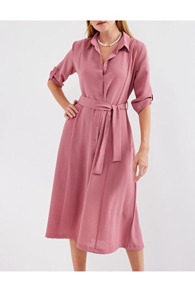 GÜLÇİNCE Ütü Gerektirmeyen Kumaş Kuşaklı Gömlek Elbise İş Ofis Günlük Elbise ...