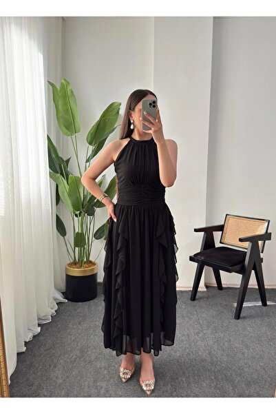 FEVRİER MODE Angel büzgülü eteği fırfırlı şifon elbise