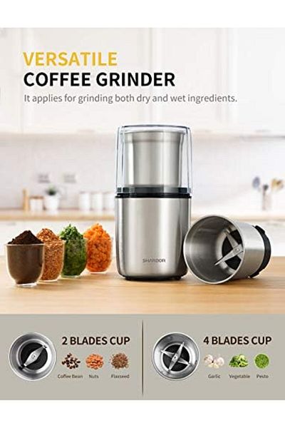 SHARDOR 200W Electric Coffee & Spices Grinder with 2 Removable Stainless-Steel Bowls - Silver