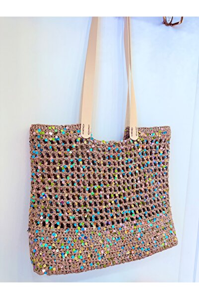 YELİZ HANDMADE El örgüsü pullu file çanta hasır çanta xl büyük boy