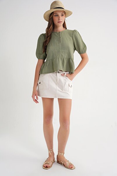 Mixray 4713 Γυναικεία μπλούζα μουσελίνας με λάστιχο με μανίκια με πτυχωτή μέση Çağla