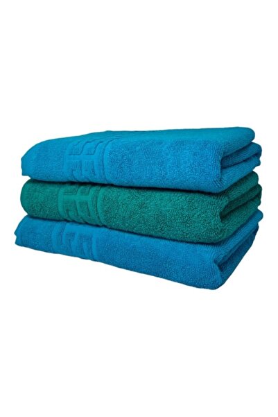 OEM Set 3 Face Towels, Cotton, Bicolor, Greek Border, 500g/m², 50x90cm, Turquoise-Dark Green