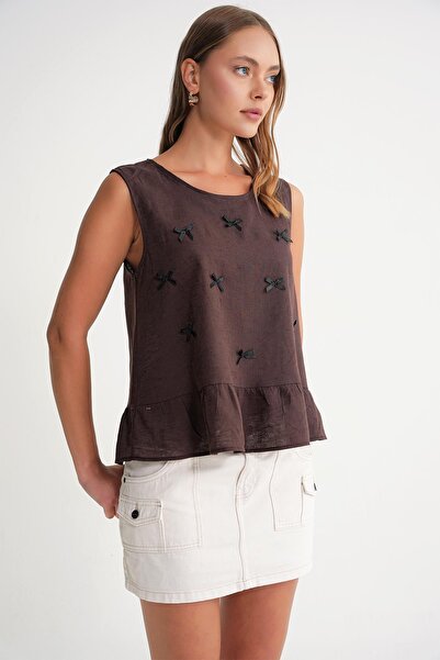 Mixray 4718 Дамска ленена блуза с волани и панделка, кафява