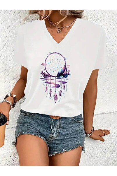 FUFLUNS Dream Hunter Printed Women's Oversize V-Neck T-Shirt