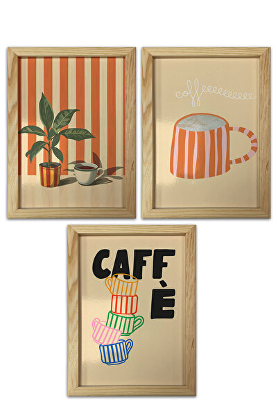 AND Ahşap Çerçeveli Kahve Temalı Tablo Üçlü MDF Poster Tablo Duvar Dekoru (21x30 cm)
