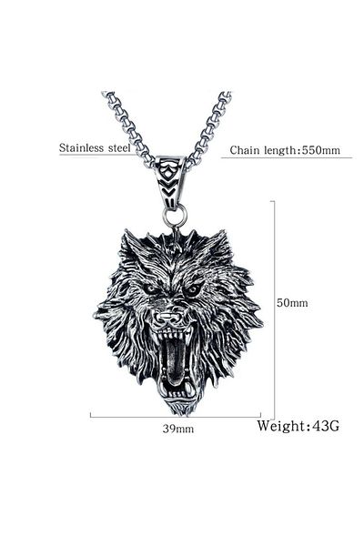 JustZEN Colier lant Barbati cu pandantiv, otel inoxidabil, JustZen™, Wolf, lungime 55 cm, grosime 3 mm, Ar
