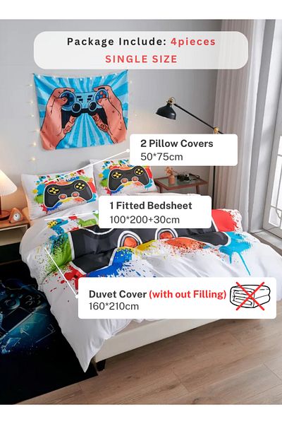 LUNA HOME Single size 4 piece bedding set with duvet cover 3D white color 160x210cm.