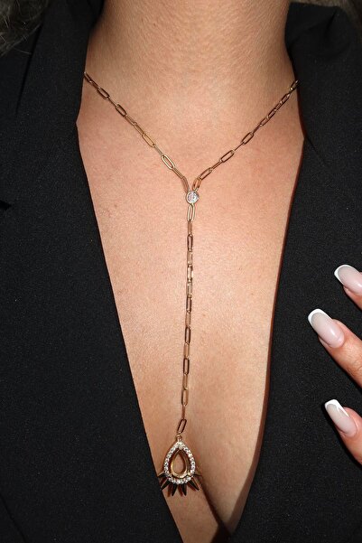 TAKIŞTIR قلادة على شكل حرف Y مرصعة بالأحجار الذهبية اللون