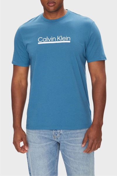 Calvin Klein Erkek Bisiklet Yaka Yazı Baskılı T-Shirt - Mavi