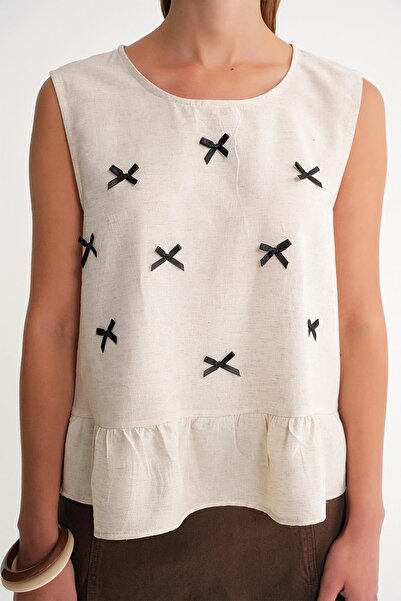 Mixray 4718 Γυναικείο φιόγκο Λεπτομερή βολάν λινό μπλούζα μπεζ