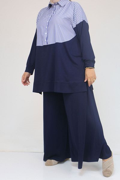 Eslina 57016 Large Size Men's Collar Combination Trousers Suit - Navy Blue-Navy Blue