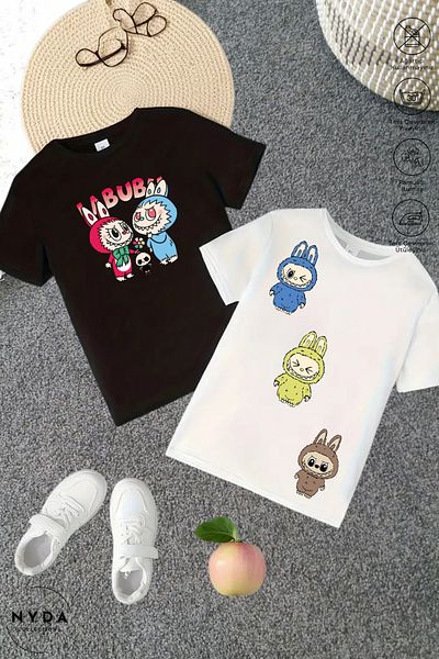 Nyda Collections Set de 2 tricouri cu mânecă scurtă pentru copii, cu decolteu, Labubu, imprimat, negru - alb, bumbac