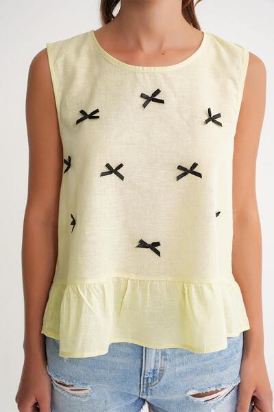 Mixray 4718 Women's Bow Detailed Ruffled Linen Blouse Yellow