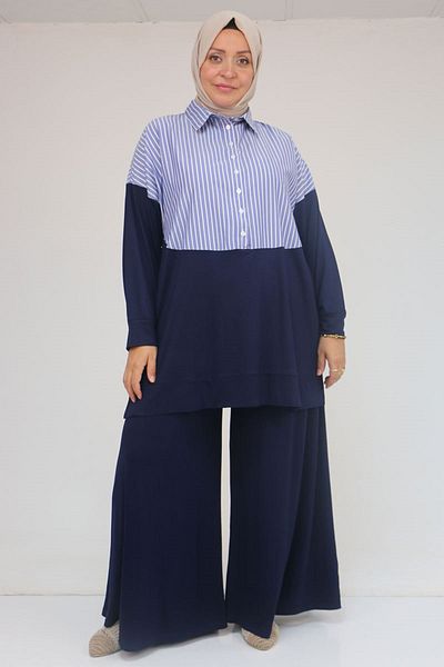 Eslina 57016 Large Size Men's Collar Combination Trousers Suit - Navy Blue-Navy Blue