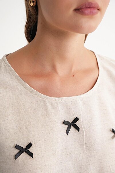 Mixray 4718 Γυναικείο φιόγκο Λεπτομερή βολάν λινό μπλούζα μπεζ