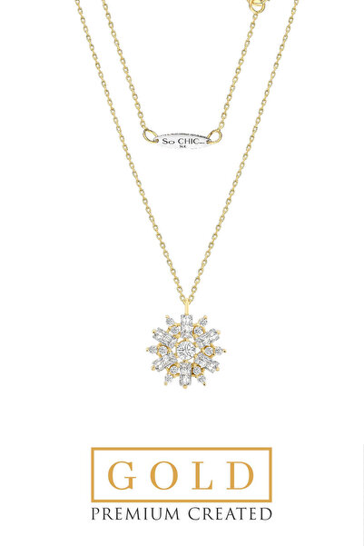 So CHIC... Sarı Altın Sertifikalı Premium Created Taşlı Çiçek Figürlü Baget Kolye