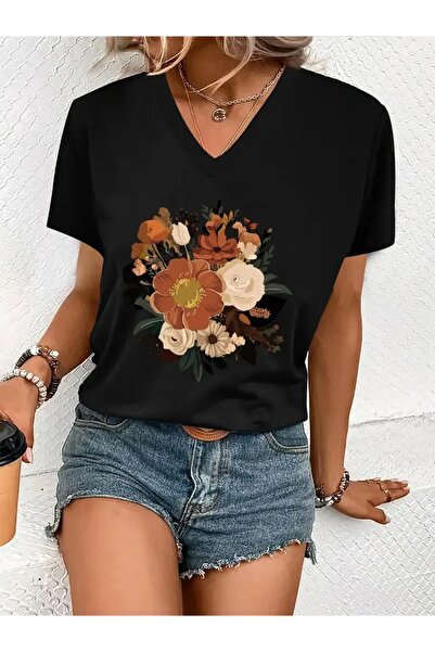 FUFLUNS تي شيرت نسائي كبير الحجم برقبة على شكل حرف V مطبوع عليه زهور