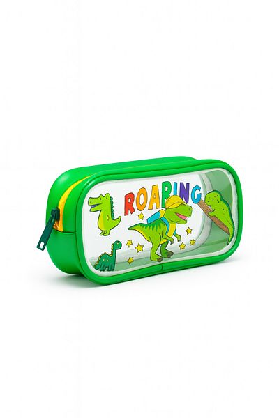 FCSTORE Green Single Compartment Dinosaur Pencil Case, Dinosaur Transparent Patterned Pen Holder, Waterproof, 20X10X15Cm