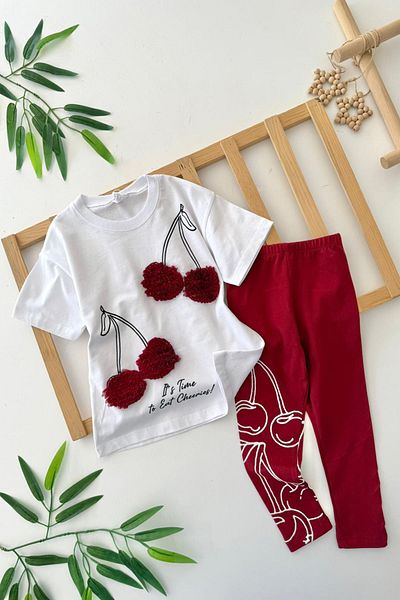Minigimin Cicileri Mini Girl's 2-Piece Set with Double Cherry Patterned Leggings - Claret Red
