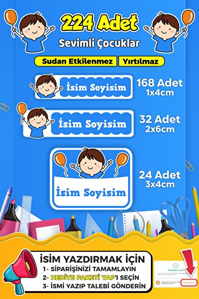 SB store Sevimli Çocuklar Temalı Okul Kreş Kişiye Özel isim Etiket Seti - Mod...